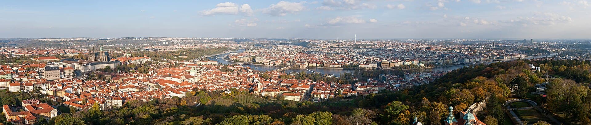 Prague travel planning photo showing A panoramic view of Prague as viewed from Petřín Lookout Tower. The view is approximately 180 degrees, from north on the left to south on th
