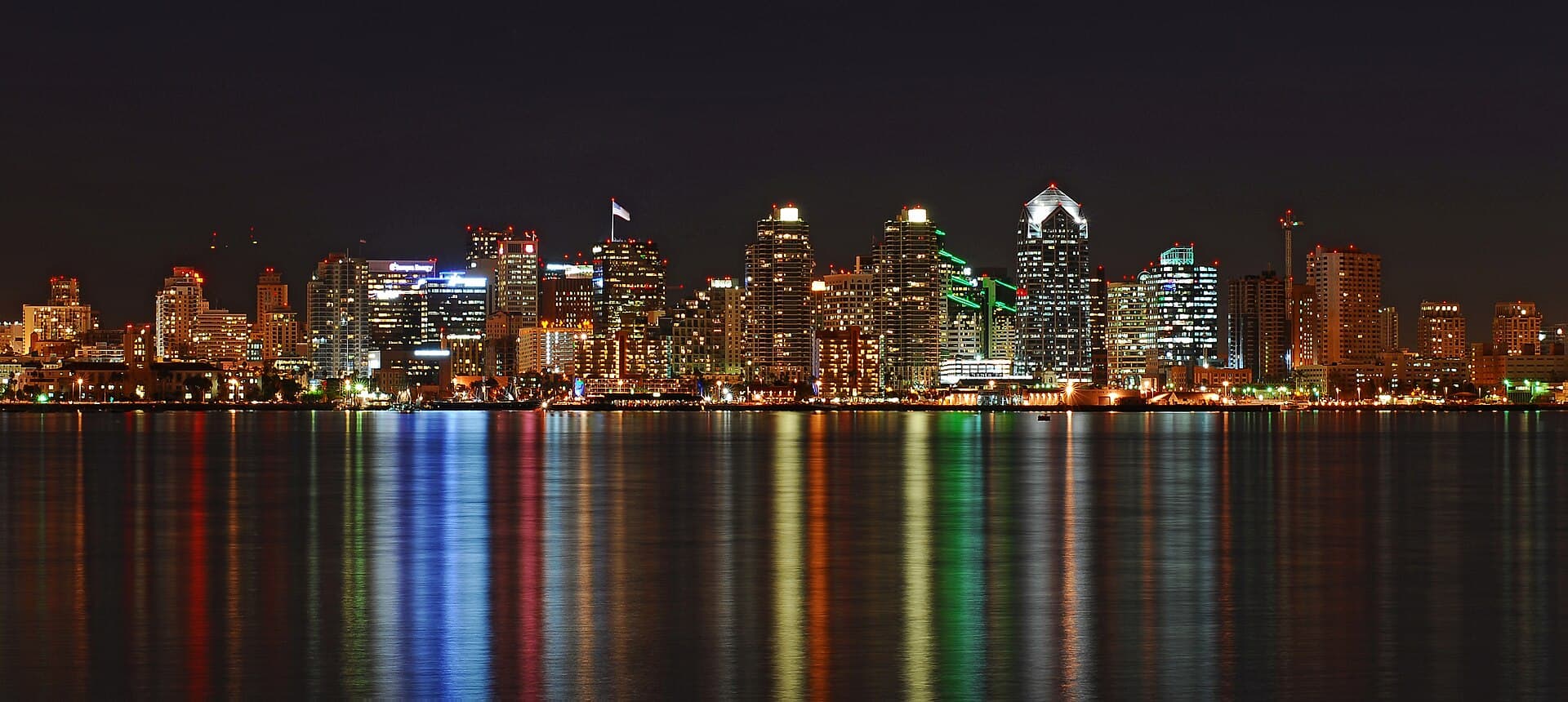 San Diego travel planning photo showing Night shot profiling the Colors and Lights of the Downtown Sky. Night Shot, Long Exposure. San Diego, California
