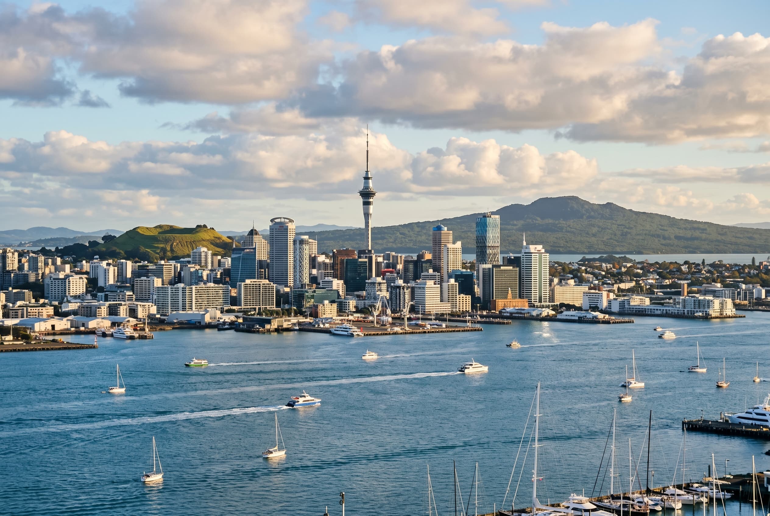 Auckland waterfront skyline with harbor, high-rises, and layered hills beyond