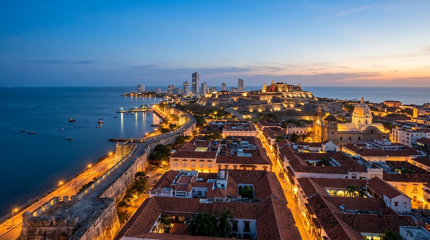 Cartagena walled city rooftops and Caribbean colonial streets near the sea