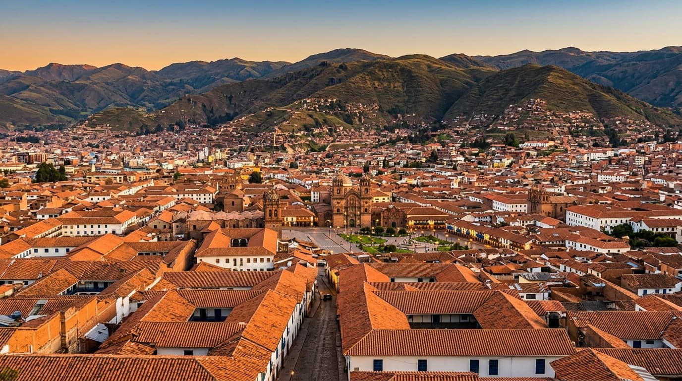 Cusco historic red-tile rooftops with Andean mountains and colonial church towers
