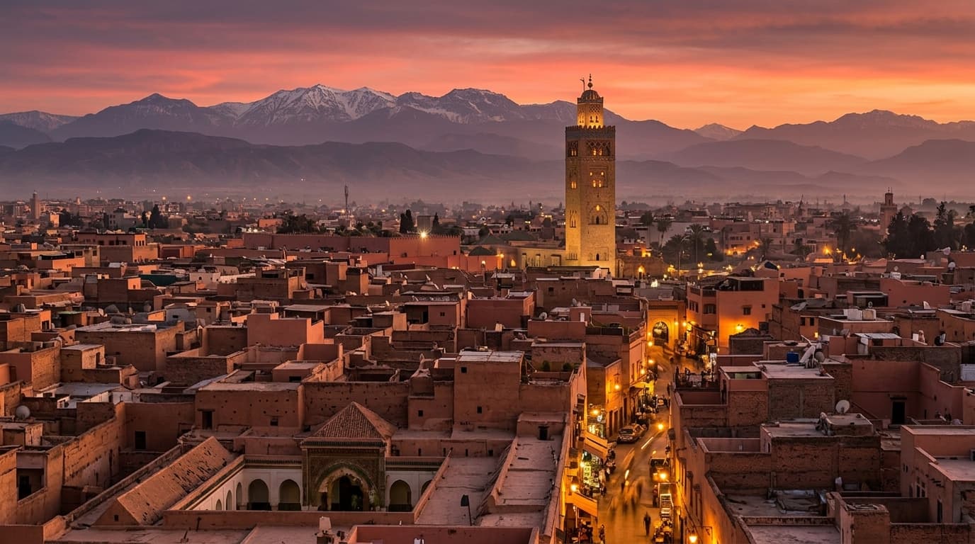 Marrakech medina rooftops with a minaret silhouette and Atlas Mountains atmosphere