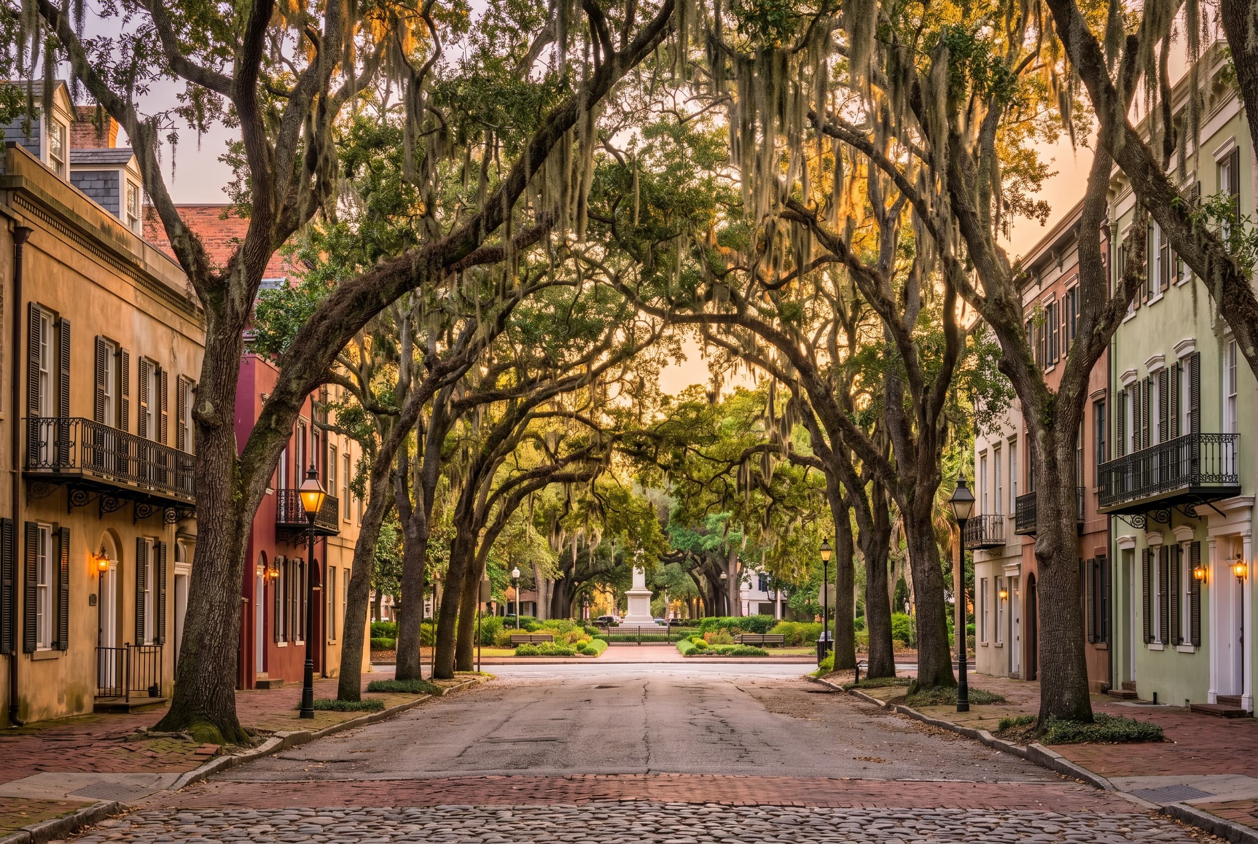 Savannah historic district streets with oak trees, squares, and warm evening light