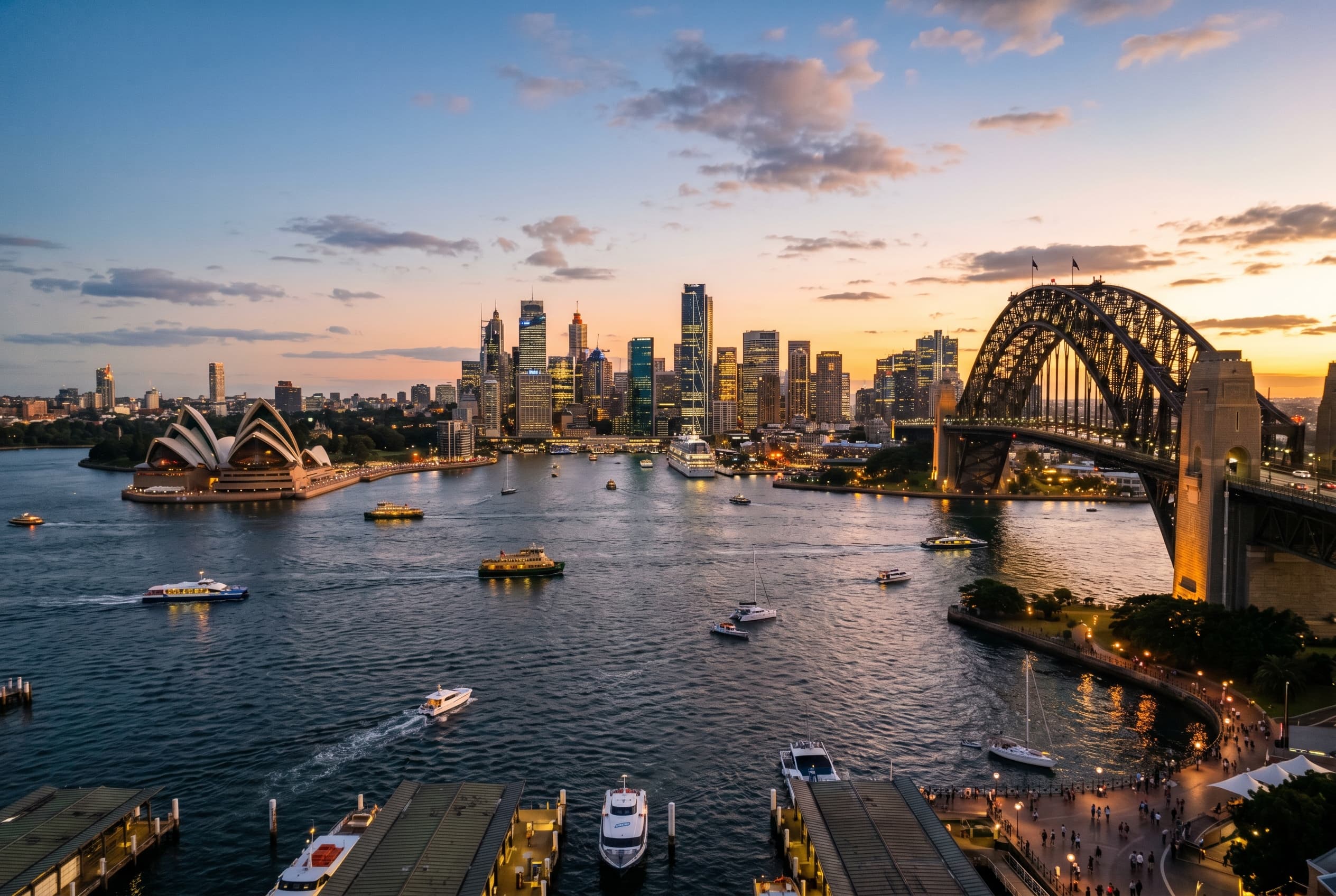 Sydney harbor skyline with bridge-and-water atmosphere under soft evening light