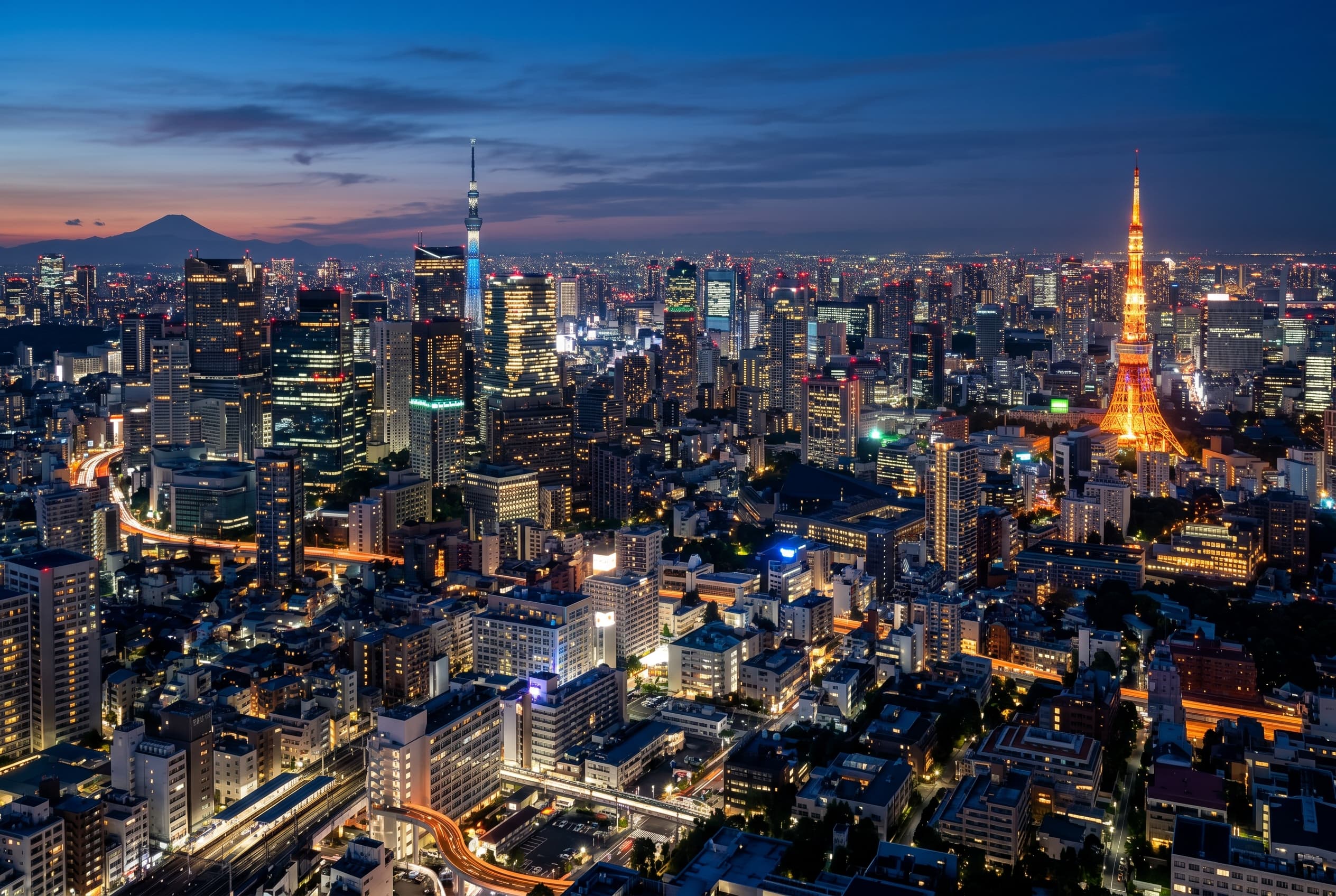 Tokyo skyline at blue hour with layered towers and dense urban texture stretching into the distance