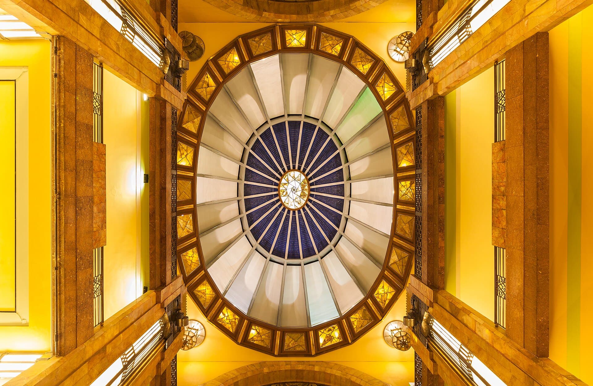Mexico City travel planning photo showing Interior view of the dome of the Palacio de Bellas Artes (Palace of Fine Arts) of Mexico City. The building, located in the historic center